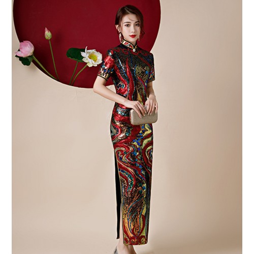 Women Rainbow Sequined Chinese dresses retro oriental Qipao dresses miss etiquette catwalk show cheongsam singers host stage performance evening party dresses